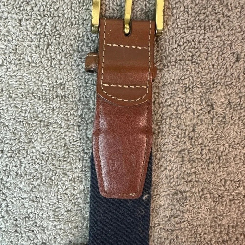 Vintage Surcingle Belt Navy Red Stripe Brown Leather Brass Buckle 51 Inch